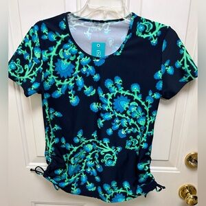 CALYPSA Swim Shirt -Adele- Blue Floral Short Sleeve Swim Top